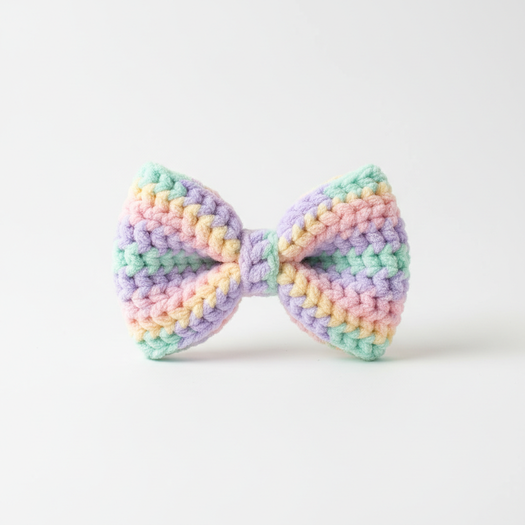 Handmade crochet bow in soft pastel colors
